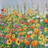 Sunny Side Up A mass of colourful wildflowers painted with acrylic paints applied with a painting knife