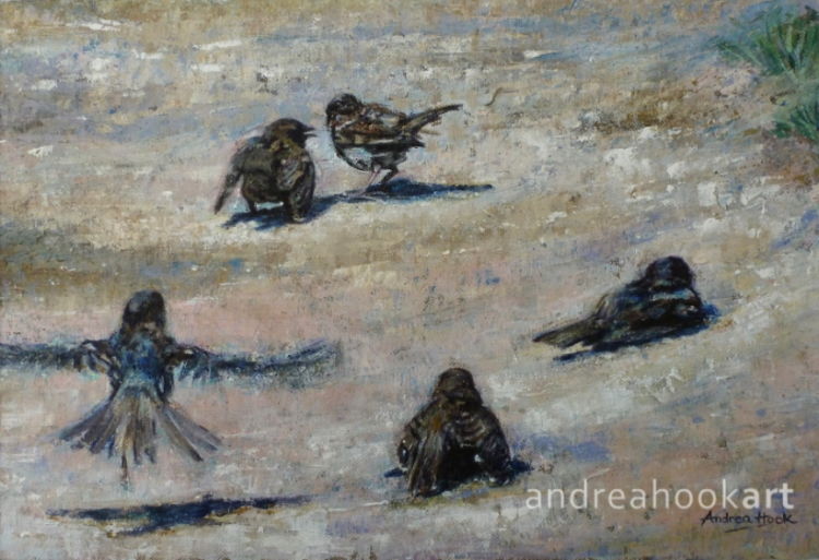 A painting of sparrows having a dust bath on a coastal path by Dorset Artist Andrea Hook