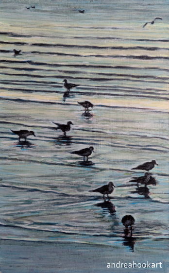An original painting of seabirds at dusk painted by artist Andrea Hook