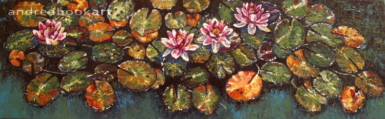 An impasto original painting of waterlilies in a pond at Compton Acres Dorset