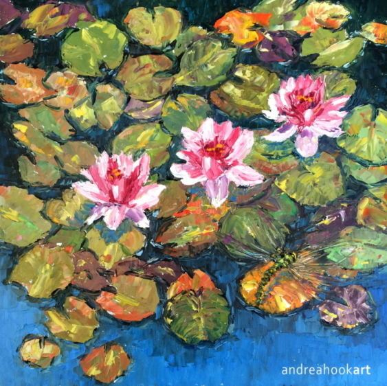 A Dragonfly on waterlilies with three pink and white blooms