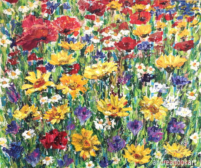 Wayside - a painting of colourful wildflowers painted in impasto acrylic paint applied with a palette knife