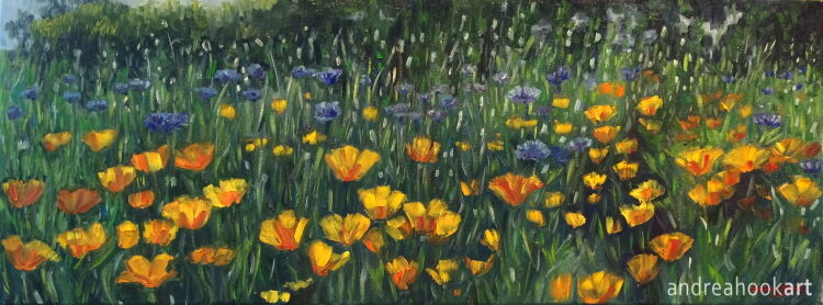 Yellow & Blue wildflower impasto painting on canvas