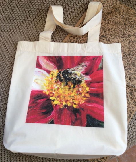 Bumble bee red dahlia organic cotton tote bag