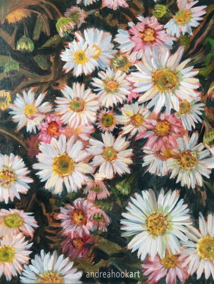Detail of an oil painting on canvas of daisies