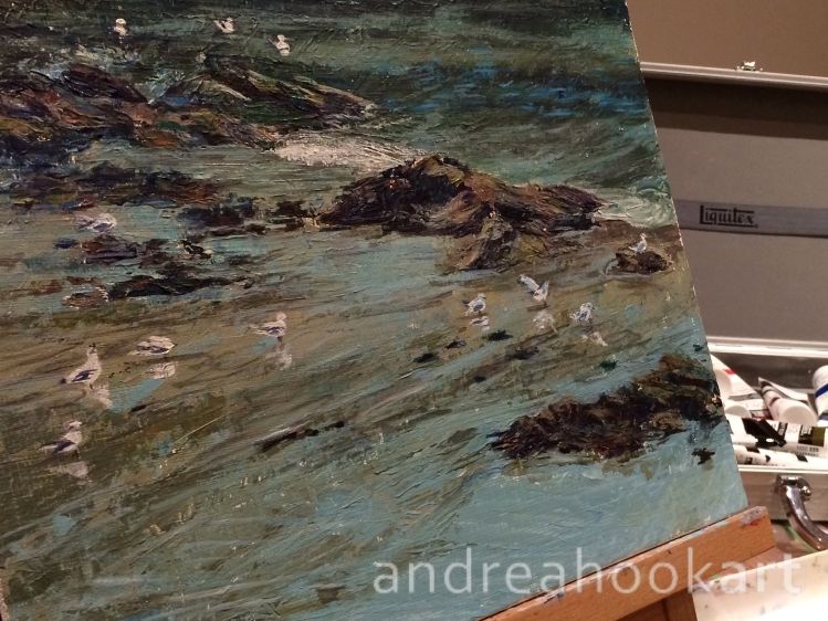 A coastal painting of a harbour - work in progress - painted by Dorset artist Andrea Hook