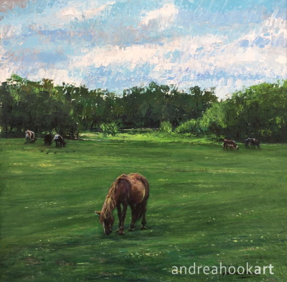 A painting of horses and cows in a meadow in Lyndhurst in the New Forest