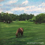 In Clover A painting of horses and cows in a meadow in Lyndhurst in the New Forest