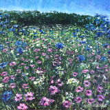 Pink & Blue: Sold An original painting of a wildflower meadow with pink and blue flowers by Dorset Artist Andrea Hook