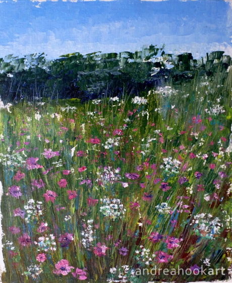 An original painting of pink and white flowers in a meadow by Dorset Artist Andrea Hook