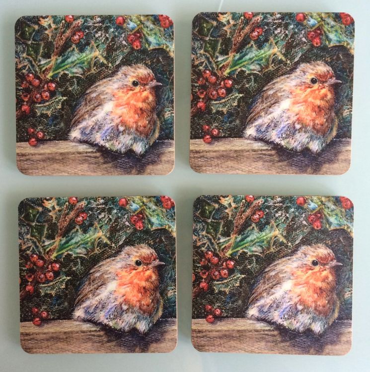 Round Robin robin with holly coasters by Dorset Artist Andrea Hook