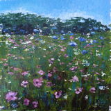 Wild Flower Meadow One: Sold an original painting of a wildflower meadow with pink blue and white flowers