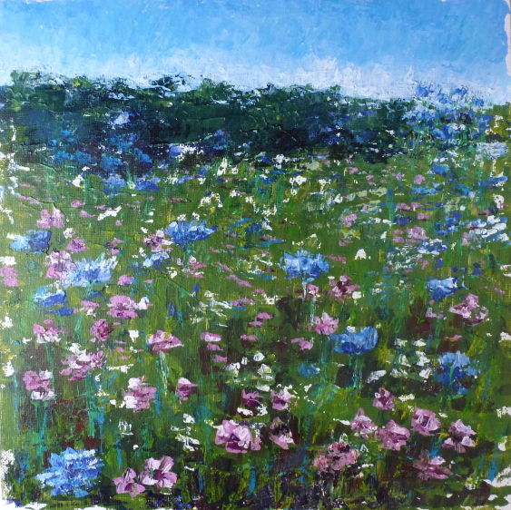 an original painting of a wildflower meadow with pink blue and white flowers