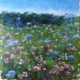 Wild Flower Meadow Two: Sold an original painting of a wildflower meadow with pink blue and white flowers