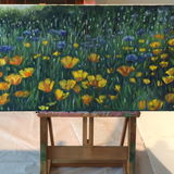 Yellow & Blue on the easel Yellow & Blue wildflower impasto painting on a tabletop easel