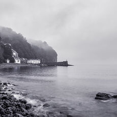 Misty Morning At Clovelly serene coastal scene of harbour on a misty morning