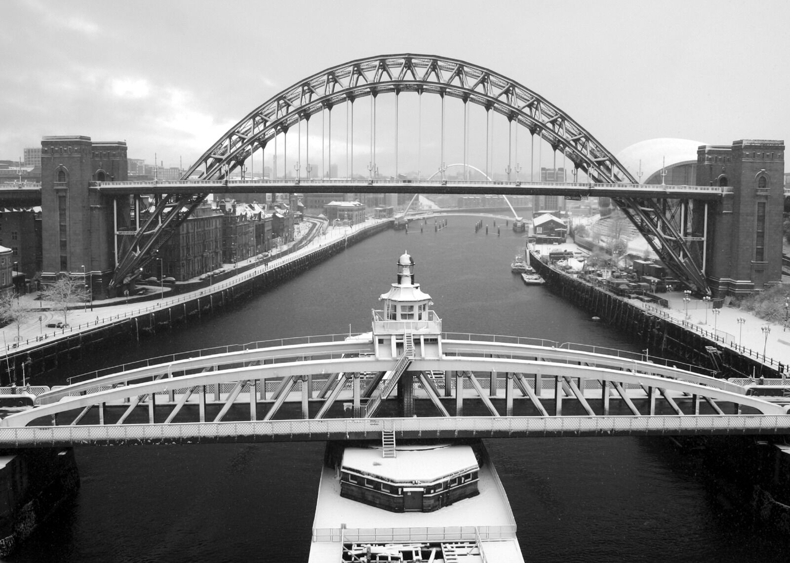 Newcastle Tyne Bridge and Swing Bridge Snow