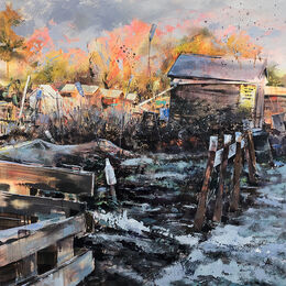 Winter evening on the allotment Winter, evening, allotments, snow, pink, orange, light, oil on canvas painting