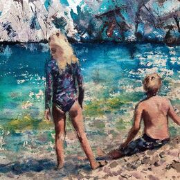 Blue green seas in Greece Blue green seas children beach pebbles heat sun Greece oil on canvas