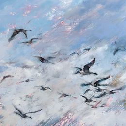 Migration Canada geese, flight, migration, oil on canvas painting