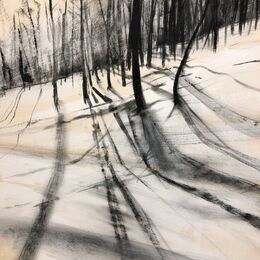 Ski run charcoal and acrylic drawing, mountains, snow, ski run, shadows, winter, work on paper, Val de'Isere