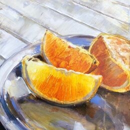 orange slices, oil painting, board, juicy