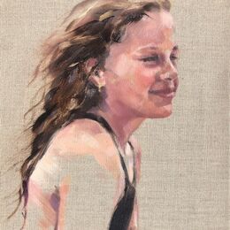 Portrait of Rosie. Wind in her hair. portrait oil on linen young girl wind in the hair beach