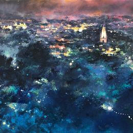 St Nicholas church from Guys Tower, Warwick Castle, Halloween St Nicholas church from Guys Tower, Warwick Castle, night view, Halloween, Warwick, oil on canvas painting