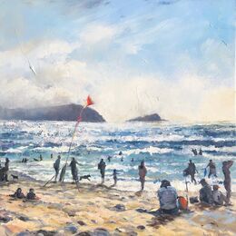 Evening on Fistral Beach contre jour, Fistral Beach, Newquay, oil painting, hot sun, Cornwall