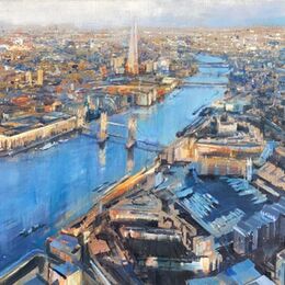 London Aerial, Sunrise. From Tower bridge to The Shard London Aerial sunrise River Thames Oil on linen the Shard