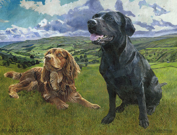 A golden cocker spaniel and a black labrador on a background of a beautiful landscape