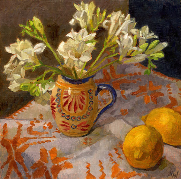 Freesias in Quimper Jug