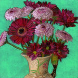 Pink Flowers in Parrot jug Pink Gerbera, daisies and other pink flowers in a jug with a parrot handle on a bright green background