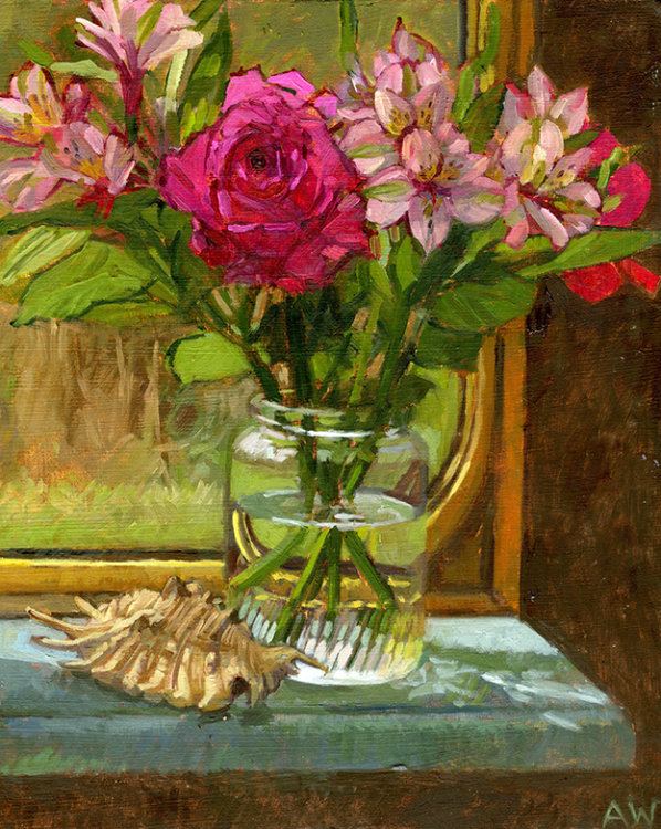 Roses and Parrot Lilys on Windowsill