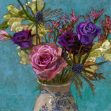 The Blues mauve and purple flowers in a vase on a blue background