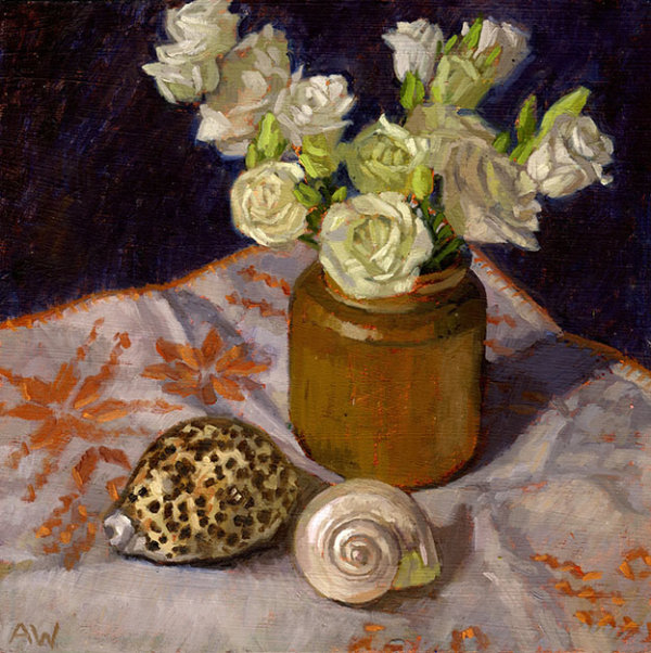 White Lisianthus in Brown Pot
