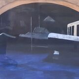 Painting of boats under a bridge in blue and ochre