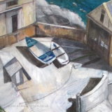 Painting of Lizard Quay, Cornwall, looking down on the boats and buildings