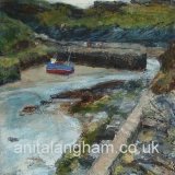 Boscastle Harbour Painting, Low Tide Boscastle Harbour painting boat harbour boat
