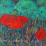 poppies flower painting red green