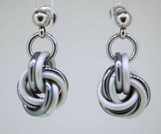 Gunmetal and Satin White Mobius Knot earrings