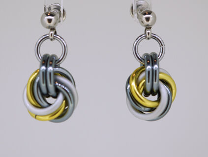 Yellow, Satin White and Gunmetal Mobius Knot Earrings.