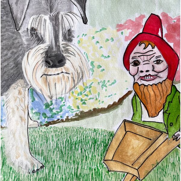 Archie with Mr Grump the Head gardener gnome