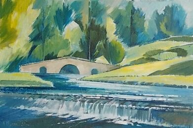 Bridge at Fountains Abbey. Oil