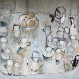 White Mugs and Three Pears<br>Oil on Canvas, Framed, 91x120cm, 2019 White Mugs and Three Pears, Oil on Canvas, Framed, 91x120cm, 2019