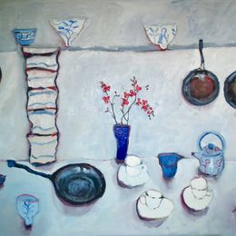 Table With Pans and Orchid<br>Oil on Canvas, Framed, 91x120cm, 2019 Table With Pans and Orchid Oil on Canvas Framed Painting