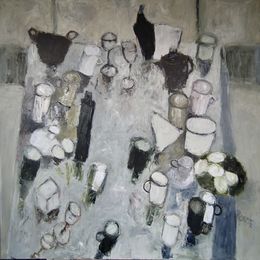 Table with Eggs<br>Oil on Canvas, Framed, 100x100cm, 2019 Table with Eggs Oil on Canvas Painting