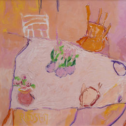 Pink Hyacinths on Pink Table<br>Oil on Gesso Board, Framed, 82x102cm<br>SOLD