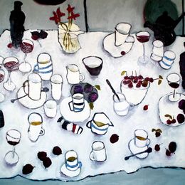 Table With Wine and Cherries<br>Oil on Canvas, Framed, 91x120cm<br>SOLD