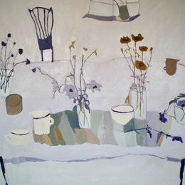 Table with Purple Anenome<br>Oil on Canvas, Framed, 91x120cm<br>SOLD Table with Purple Anenome Oil on Canvas Painting